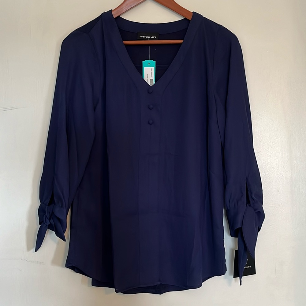 Fortune + Ivy Collyn Mixed Material Blouse Navy Size Medium